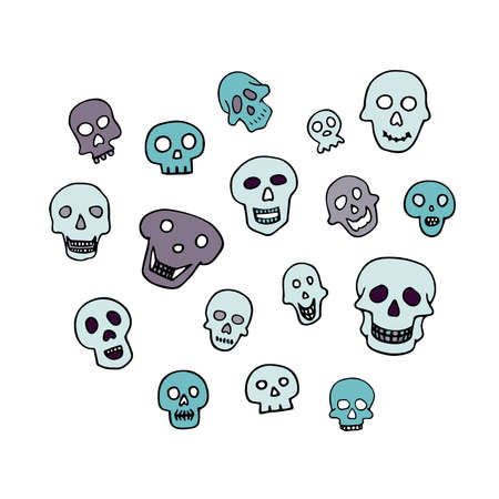 Doodle Halloween sculls set. Color Skeleton isolated on white background. Hand-drawn cute scary cranium. Mystical sketch character. Vector illustration for spooky autumn holidays, The day of the Deadのイラスト素材