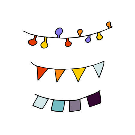 Doodle Halloween Garlands. Hand-drawn festoon isolated on white background. Color festive decoration with light bulbs, flags, ribbons. Vector illustration for a holiday, birthday, party, advertisementのイラスト素材