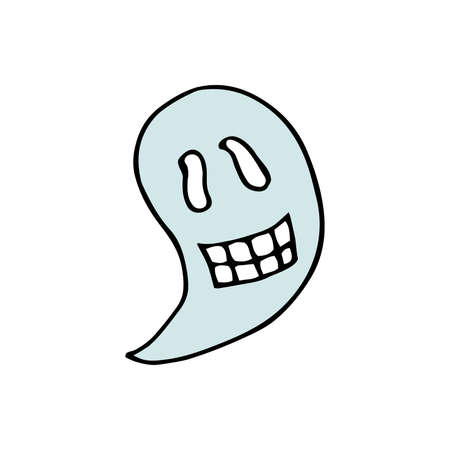 Doodle Halloween smiling ghost. Cartoon character with grin isolated on white background. Hand-drawn cute scary evil spirits. Vector apparition sign for spooky autumn holidays, print, trick or treatのイラスト素材