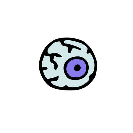 Doodle scary eye. Hand-drawn crazy monster element. Violet eyeball with a pupil, vessels, cracks. Witch, zombie sketch sign. Spooky symbol. Vector illustration for Halloween, creepy autumn scary partyのイラスト素材