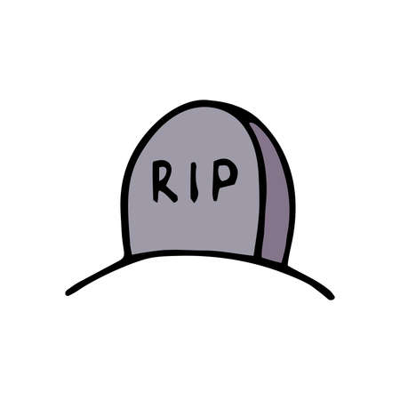 Vector doodle grave. Gray gravestone isolated on white background. Headstone on the tomb. Cartoon cemetery landscape. Symbol of Halloween, Day of the Dead, funeral services, burial, RIP illustrationのイラスト素材