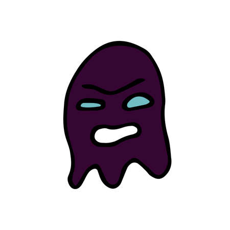 Doodle Halloween purple ghost. Cartoon character with grin isolated on white background. Hand-drawn cute scary evil spirits. Vector apparition sign for spooky autumn holidays, print, trick or treatのイラスト素材
