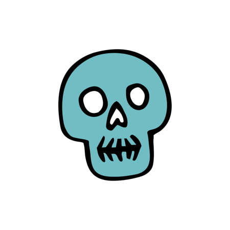 Doodle Halloween scull. Color Skeleton isolated on white background. Hand-drawn cute scary cranium. Mystical sketch character. Vector bone illustration for spooky autumn holidays, The day of the Deadのイラスト素材
