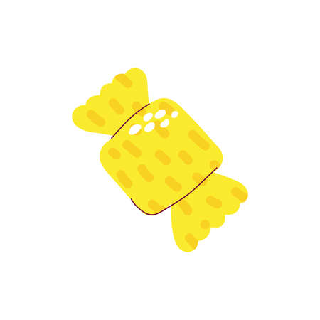 Cartoon candy on white background. Hand-drawn cute dessert. Color festive sweet, chocolate, lollipop. Trick or treat sign. Wrapped caramel. A bonbon in doted wrapper. Vector food illustrationのイラスト素材