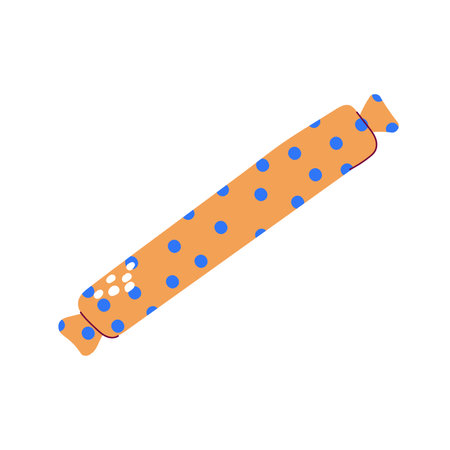 Cartoon candy on white background. Hand-drawn cute dessert. Color festive sweet, chocolate, lollipop. Trick or treat sign. Wrapped caramel. A bonbon in doted wrapper. Vector kawaii food illustrationのイラスト素材