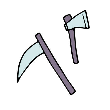 Doodle Halloween ax and scythe Set. Color sharp instruments isolated on white background. Hand-drawn steel arms symbol of Halloween, witch, purity, scary autumn holidays. Vector creepy illustrationのイラスト素材