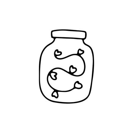 Doodle glass jar with hearts. Outline container isolated on white background. Valentines day sign. Festive decoration, home decor. Love, feelings cozy cute symbol. Vector line sketch illustrationのイラスト素材