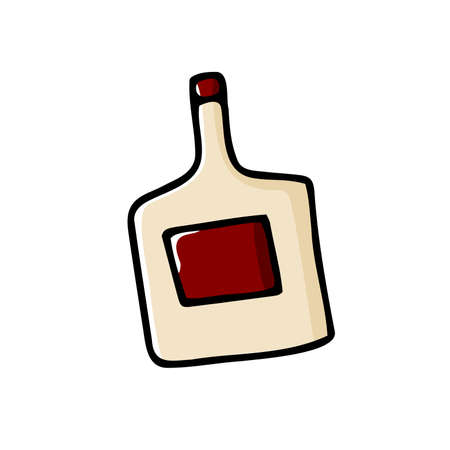 Doodle bottle. Color flask isolated on white background. Hand-drawn beige kitchen utensils, beverage kitchenware, dishes for drinks, alcohol, oil. Wine cute symbol. Vector bar, restaurant illustrationのイラスト素材