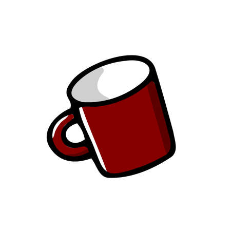 Doodle coffee cup. Cute hot beverage isolated on white background. Red tea, latte, cappuccino, americano mug with handle. Vector burgundy dishes illustration for the coffee shop, cafe, kitchen printのイラスト素材