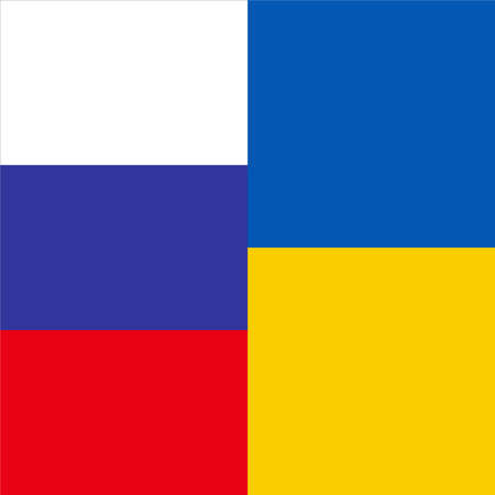 Flags of Russia and Ukraine side by side. Symbols of European countries. A sign of friendship, support, no war. Patriotic, union of countries banner. interaction poster. vector political illustrationのイラスト素材