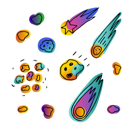 Line Space doodle comet set. Hand-drawn asteroids isolated on white background. color astronomical...