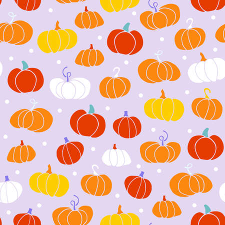 Doodle pumpkin seamless pattern. Different gourd on violet doted background. Orange hand-drawn vegetable. Vector cartoon illustration for wallpaper, autumn holidays, markets, Halloween, Thanksgivingのイラスト素材