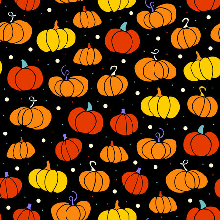 Doodle pumpkin seamless pattern. Different gourd on black doted background. Orange hand-drawn vegetable. Vector cartoon illustration for wallpaper, autumn holidays, markets, Halloween, Thanksgivingのイラスト素材