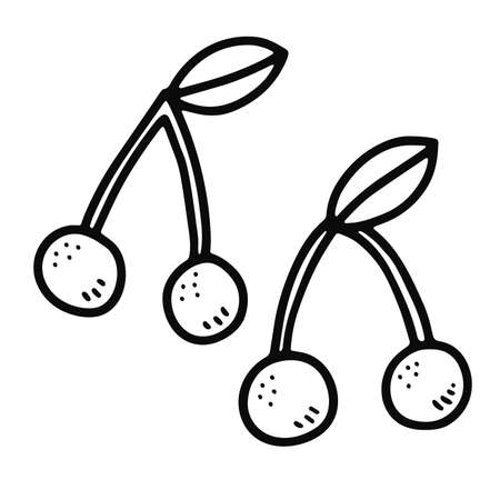 Doodle juicy sweet cherry. Outline berries with leaf isolated on white background. Hand-drawn fruit as a symbol of summer, healthy raw food, gardening, market. fresh cute print. vector illustrationのイラスト素材