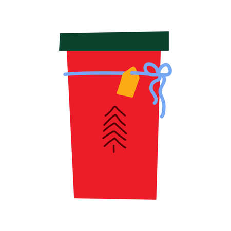 Christmas gift in scandinavian style. Red, green color present isolated on white background. New Year greeting card. Decorated box with ribbon, tree ornament, label. Vector cute holiday illustrationのイラスト素材