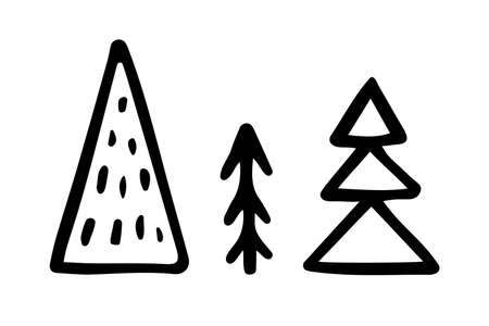 Vector doodle forest tree set. Hand drawn fir tree isolated on white background. Outline Happy New Year, Merry Christmas holiday, celebration, nature, camping symbol. Festive Scandinavian cute signのイラスト素材