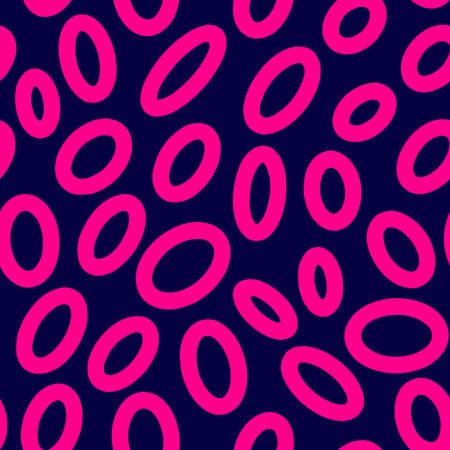 Seamless neon oval pattern. Pink hand-drawn rings isolated on purple background. Doodle dots cozy ovate ornament. Vector illustrations with circles for wallpaper, posters, wrapping paper, fabricのイラスト素材