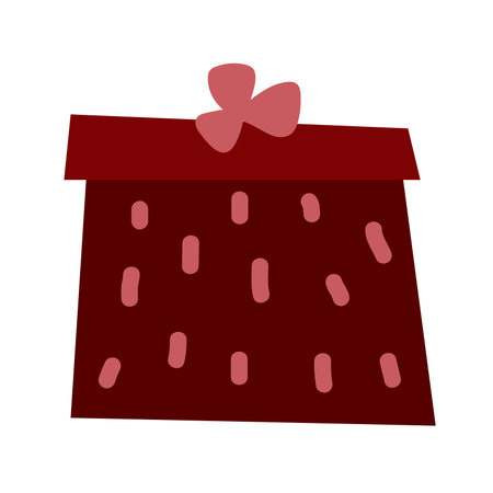 Cartoon Christmas gift. Red color dot present isolated on white background. New Year, Valentines Day, Birthday greeting card. Decorated wrapped box with bow, strokes. Vector cute holiday illustrationのイラスト素材