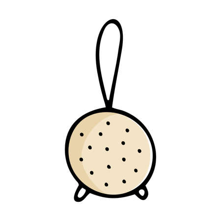 Doodle hand-drawn sifting dish. Beige sieve, skimmer, strainer isolated on white background. Cozy kitchen utensils, cute dishes for cooking. Slotted spoon, colander symbol. vector food illustrationのイラスト素材