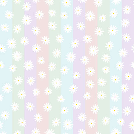Camomile seamless vector pattern. Hand-drawn white flowers with yellow centers on light striped background. botanical decoration. Cute plant illustration for wallpaper, wrapping paper, clothing, printのイラスト素材
