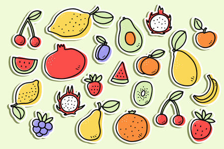 Doodle fruits, berries sticker set. Hand-drawn orange, apple, avocado, strawberry, pear, cherry, lemon, Pitaya on green color background. Healthy food, vitamin, plant, gardening. vector illustrationのイラスト素材