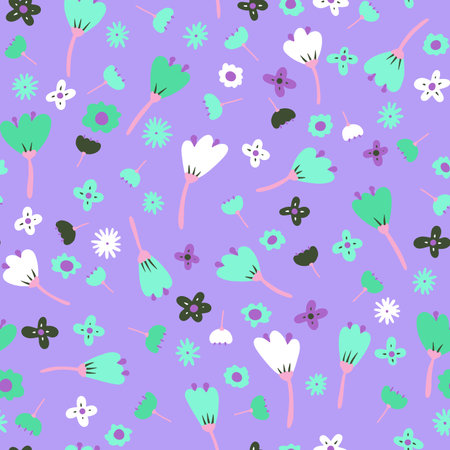 Seamless cartoon abstract flowers pattern. Color floret on violet background. Hand-drawn plant, petals. Stylized peonies, roses, tulips, chamomile. Summer romantic floral ornament. vector illustrationのイラスト素材