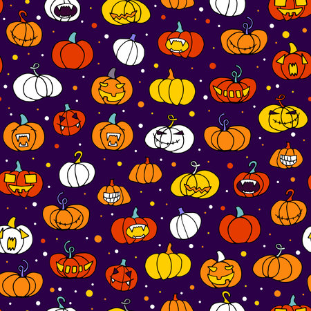 Seamless halloween scary orange pumpkin pattern. Funny, creepy, smiling face on violet dot backgrounds. Doodle autumn character. Happy Halloween symbol. Spooky vector trick or treat party illustrationのイラスト素材