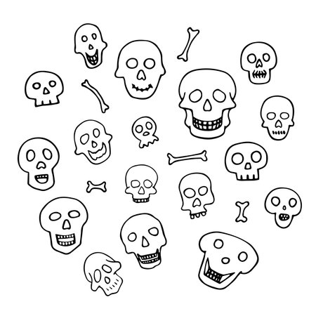 Doodle Halloween skulls set. Outline Skeleton isolated on white background. Hand-drawn cute scary cranium. mystical sketch character. Vector illustration for spooky autumn holiday, The day of the Deaのイラスト素材