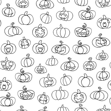 Seamless Halloween scary pumpkins pattern. Outline Funny, creepy, smiling face on white backgrounds. Doodle autumn characters. Happy Halloween symbol. Spooky vector trick or treat party illustrationのイラスト素材