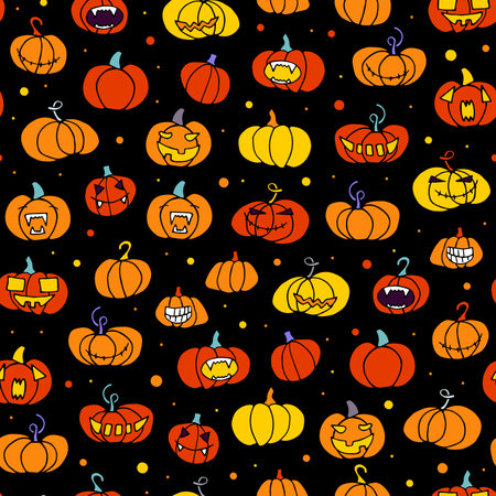 Seamless halloween scary orange pumpkin pattern. Funny, creepy, smiling face on black dot backgrounds. Doodle autumn character. Happy Halloween symbol. Spooky vector trick or treat party illustrationのイラスト素材