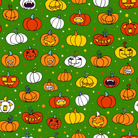 Seamless halloween scary orange pumpkin pattern. Funny, creepy, smiling face on green dot backgrounds. Doodle autumn character. Happy Halloween symbol. Spooky vector trick or treat party illustrationのイラスト素材