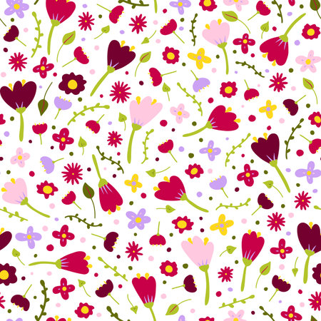 Seamless cartoon abstract flower pattern. Color flower on white background. Hand-drawn plant, petal. Stylized peonies, rose, tulip, chamomile. Summer romantic floral dot ornament. vector illustrationのイラスト素材