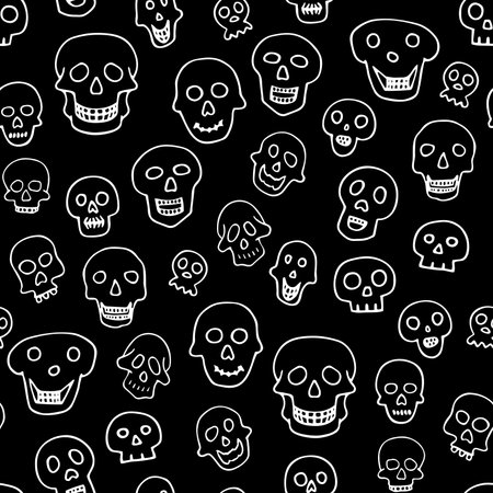 Doodle Halloween sculls seamless pattern. Outline Skeleton on black background. Hand-drawn scary cranium. mystical sketch character. Vector illustration for spooky autumn holiday, The day of the Deadのイラスト素材