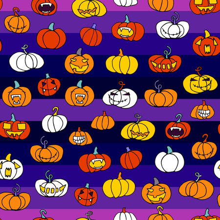 Seamless halloween scary orange pumpkins pattern. Creepy, smiling face on purple striped background. Doodle autumn characters. Happy Halloween symbol. Spooky vector trick or treat party illustrationのイラスト素材