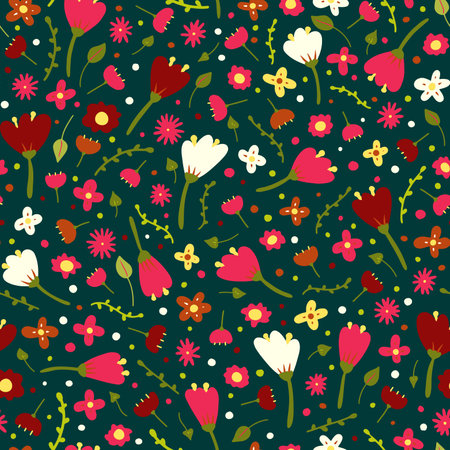 Seamless cartoon abstract flower pattern. Color floret on green background. Hand-drawn plant, petal. Stylized peonies, rose, tulip, chamomile. Summer romantic floral dot ornament. vector illustrationのイラスト素材