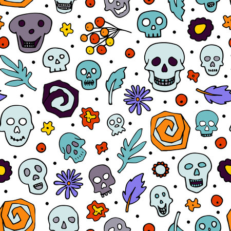 Doodle Halloween sculls, flowers seamless pattern. Skeleton, plant on white background. Hand-drawn el dia de los Muertos. mystical character. Vector illustration for autumn holiday The day of the Deadのイラスト素材