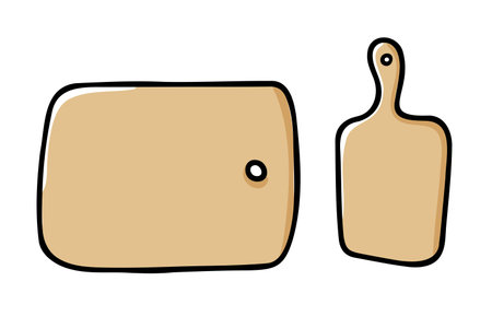 Doodle cutting board. Hand-drawn cooking surface isolated on white background. Wooden utensils for the kitchen. Symbol of food, home life, bakery, cafe. Cute line dishes. vector cozy illustrationのイラスト素材