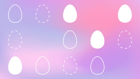 Easter gradient banner. Happy Easter Colorful background. Pastel pink, lilac smooth spots with white eggs. Egg hunt game symbol. Spring holiday decoration, bright poster. Vector gentle illustrationのイラスト素材