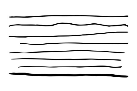 Vector doodle wave set. Black brush strokes of paint isolated on white background. Hand-drawn illustration for print, decoration. Handwriting straight line. liner image. Ornamental calligraphic stripのイラスト素材