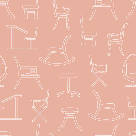 Chairs and armchairs seamless pattern. White interior items on boho pink background. Different types of armchair, furniture. Computer, children, camping, classic, school, rocking, egg, stool ornamentのイラスト素材