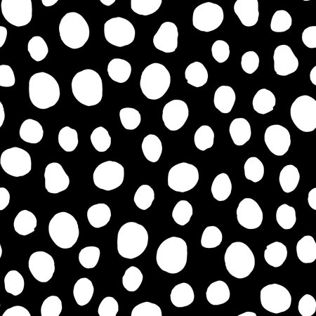 Seamless neutral polka dots pattern. White hand-drawn circles on Black background. Abstract Random points ornament. Vector simple illustration for wallpaper, fabric, print, wrapping paper, textileのイラスト素材