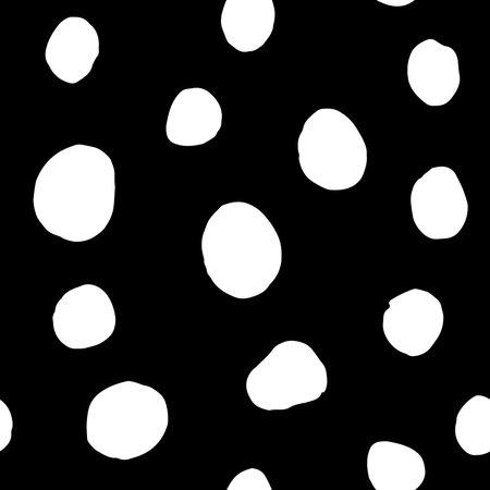 Seamless neutral polka dots pattern. White hand-drawn big circles on Black background. Abstract Random points ornament. Vector simple illustration for wallpaper, fabric, print, wrapping paper, textileのイラスト素材