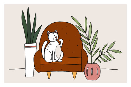 Doodle Cat on the couch. Hand-drawn pet in a cozy interior with plants in a pot. White striped animal licks its paw at home. Line kitten sits and washes on soft furniture. Vector funny illustrationのイラスト素材