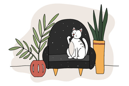 Doodle Cat on the couch. Hand-drawn pet in a cozy interior with plants in a pot. White striped animal licks its paw at home. Line kitten sits and washes on soft furniture. Vector funny illustrationのイラスト素材