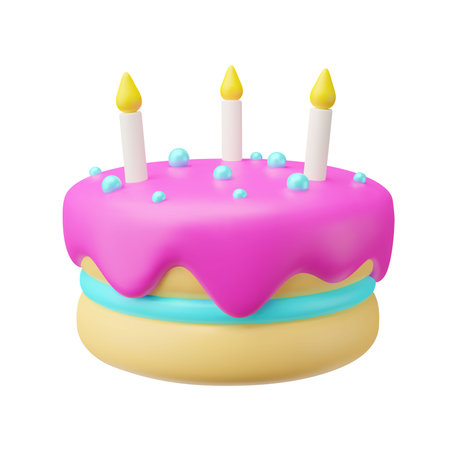 3D plastic cake with cream, candy balls, candles. Color cute dessert isolated on white background. Sweet bake sign of gender party, Happy Birthday, celebration, cafe, bakery. vector pie illustrationのイラスト素材