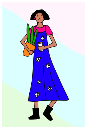 Doodle going girl with home plant, coffee. Hand-drawn curly young woman on white background. Color walking character in bright summer dress sundress with flowers, boots. Vector lifestyle illustrationのイラスト素材