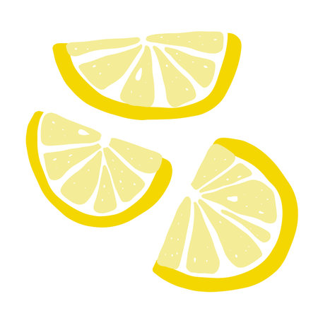 Cartoon yellow slice lemon. Hand-drawn citrus isolated on white background. Delicious fruit is a symbol of summer, wholesome nutrition, natural food. Ingredient for lemonade juice. vector illustrationのイラスト素材