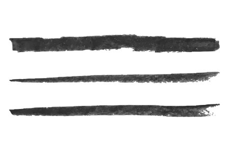 Black stained paintbrush isolated on white background. Hand-drawn spot of paint, ink, pastel. Grunge dye splash. Uneven brush smear. Copy space banner. Vector grain illustration for substrate, frameのイラスト素材