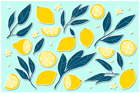 Lemon sticker set. Hand-drawn lemons on a blue background. Slice, halves, whole fruit, leaves, flowers, seeds. Cartoon citrus tropical collection. Healthy food sign. vector botanical illustrationのイラスト素材