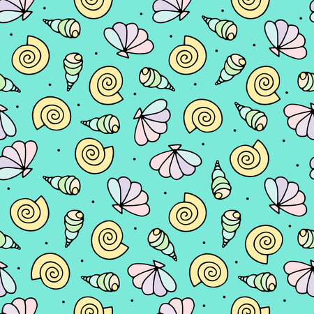 Seashells seamless vector pattern. Cartoon pastel sea snails on blue background. Doodle Random shells aquatic Illustration for wallpaper, wrapping paper, textiles, summer decoration clothesのイラスト素材